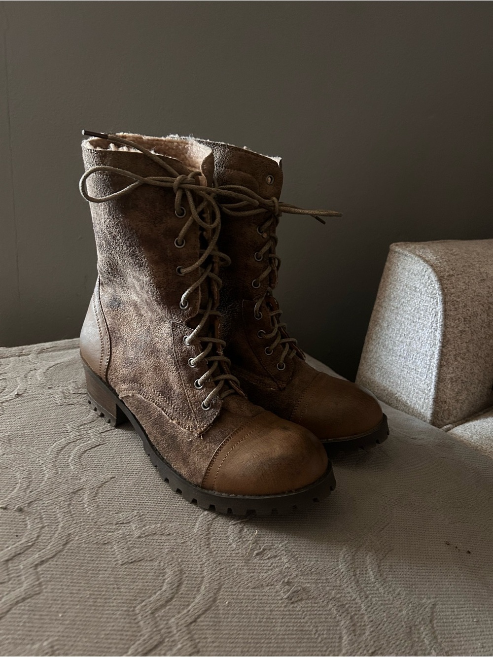 Shoe Dazzle Brown Lace-Up Suede Combat Boots with Shearling Trim